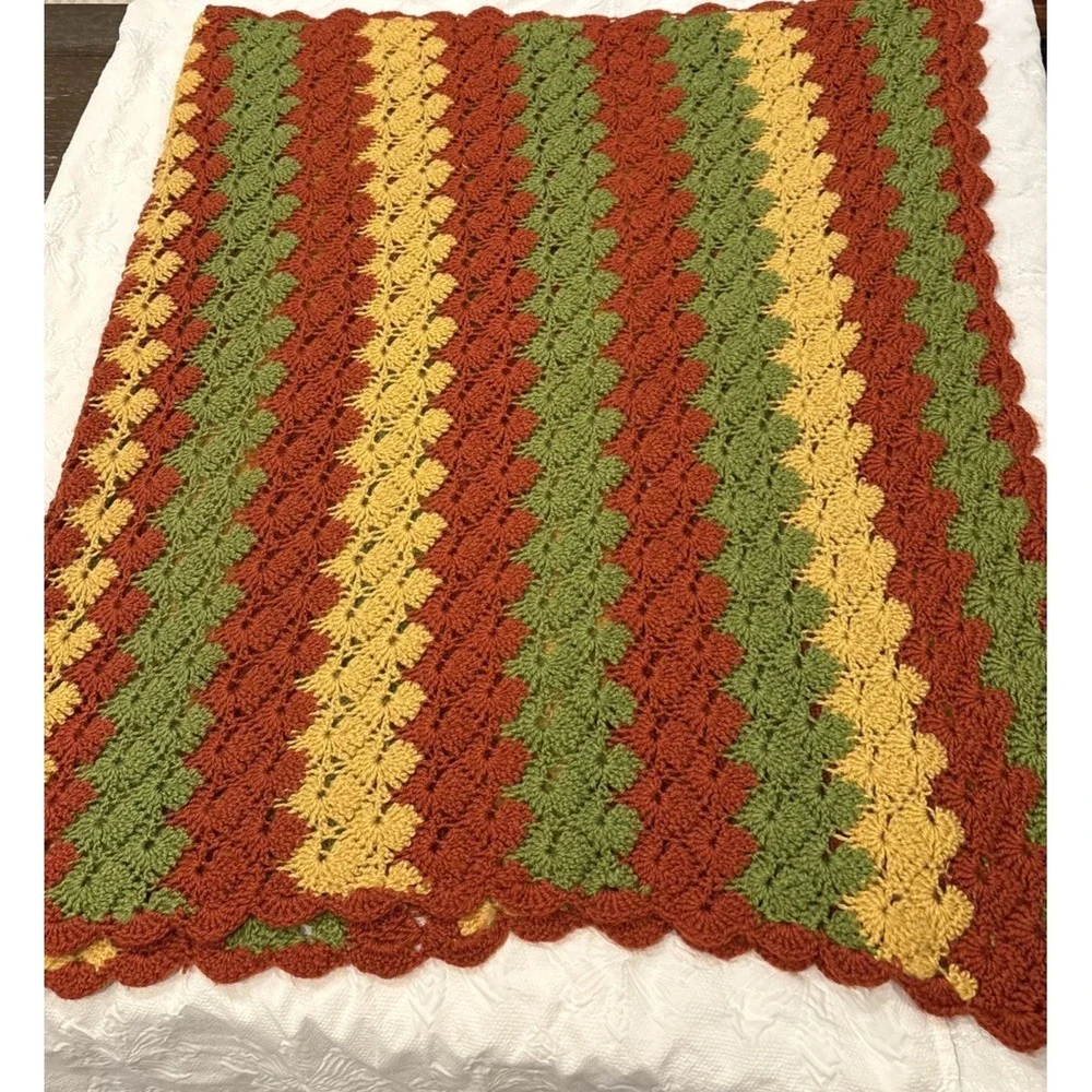 VTG Afghan Throw‎ Retro 70s Crochet Yellow Green Red Boho Stripe Blanket 34x61